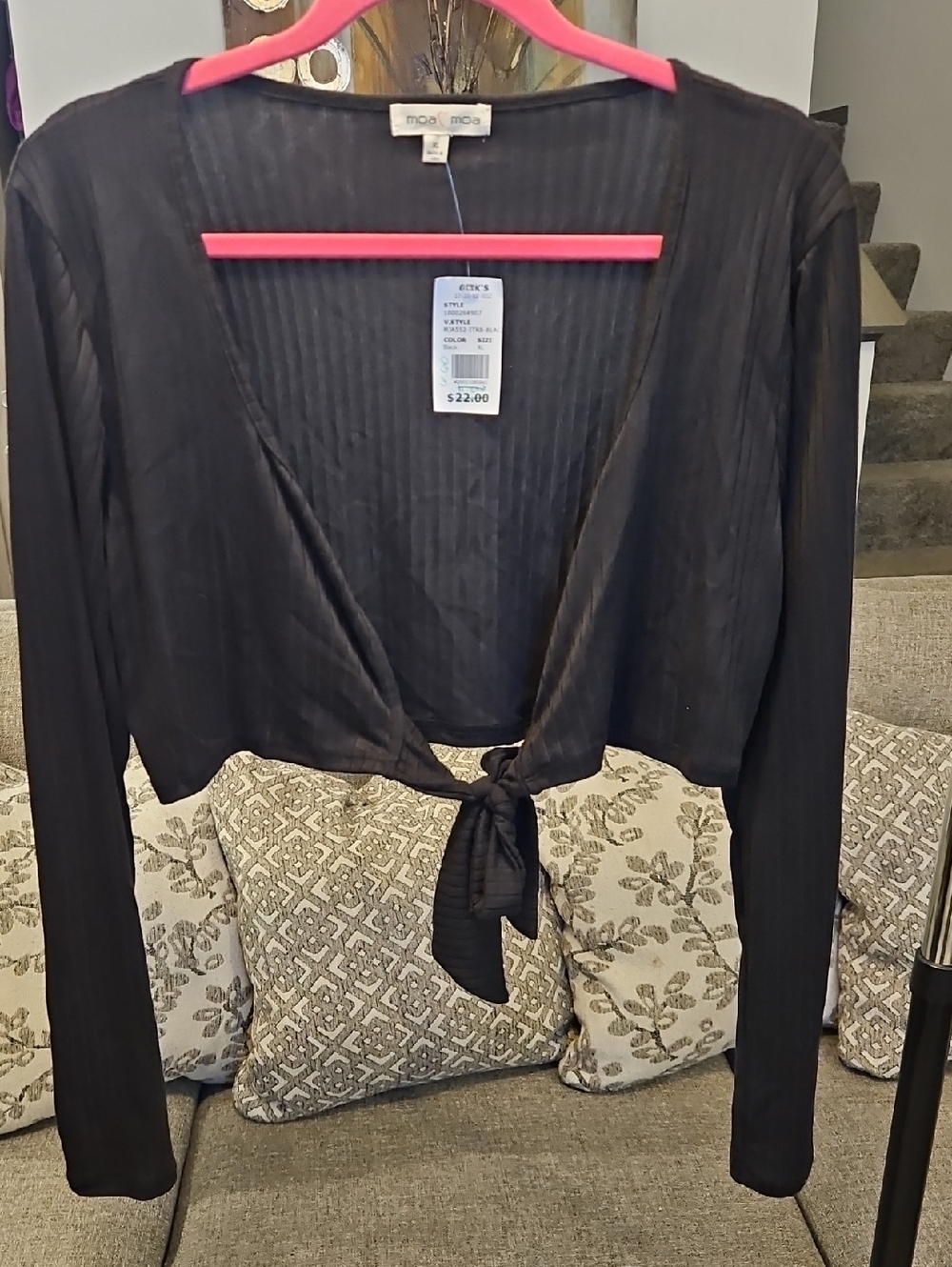 Moa Moa Black Ribbed Tie-Front Long Sleeve Crop Top